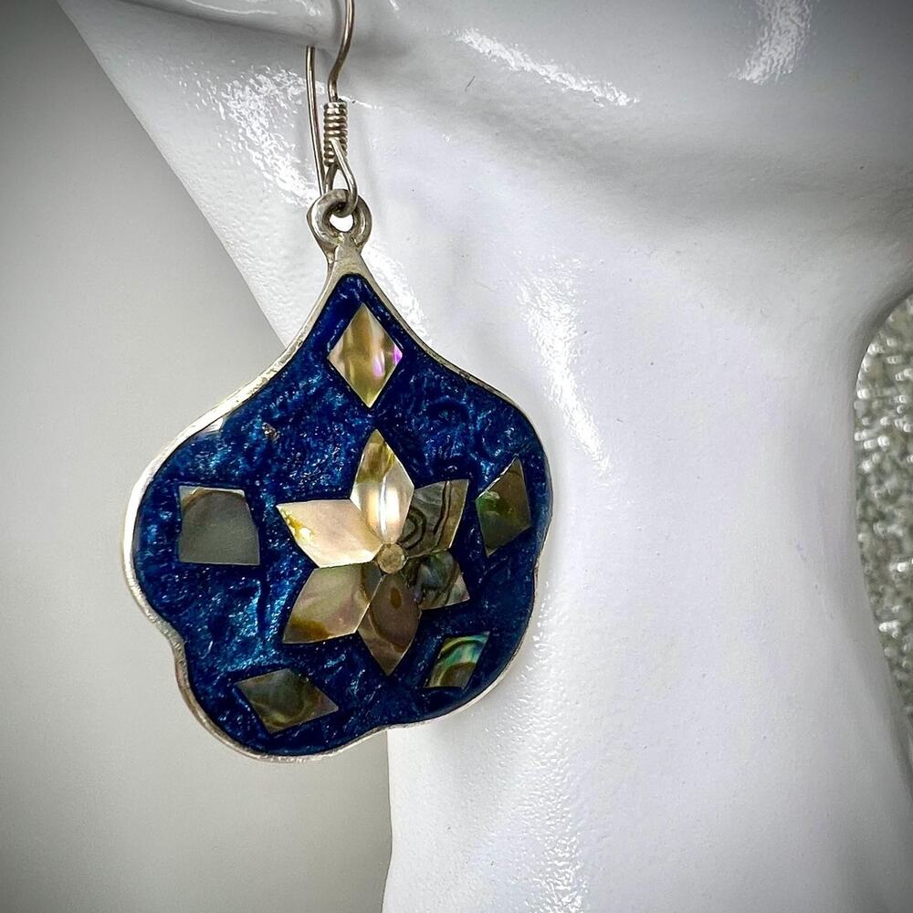 Vintage Abalone Shell & Deep Blue Mosaic Inlay Dangle Earrings - Picture 3 of 10
